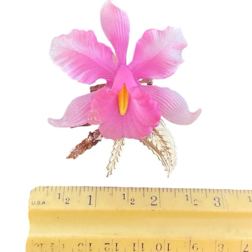 Vintage Pink Orchid Brooch Pin Gold Tone Floral Statement Botanical